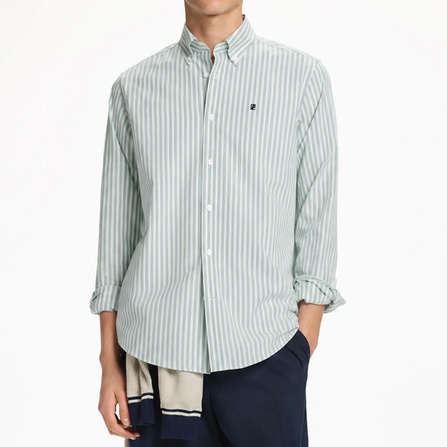 CH Letter Embroidered Stripe Long Sleeve Shirt Men Point Collar Regular Fit Minimalist Chic Soft Cotton Tops