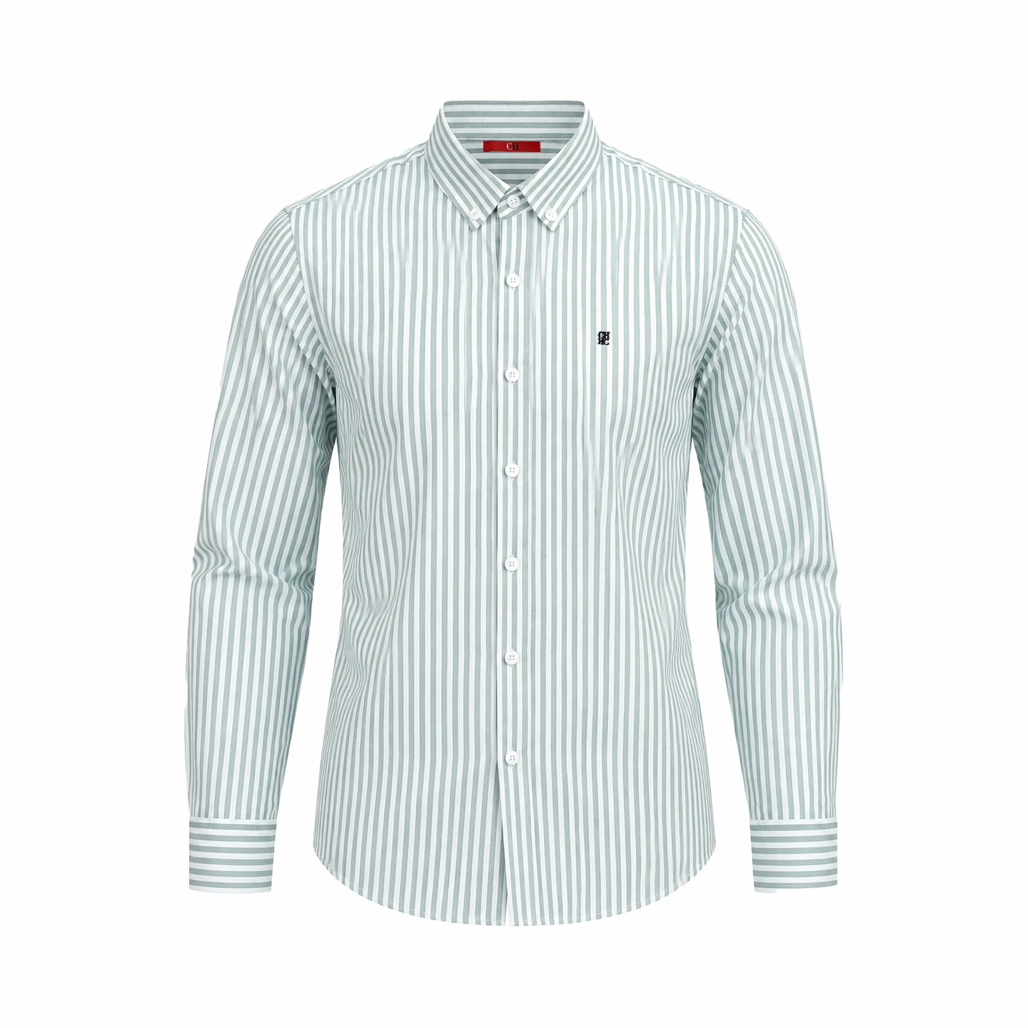 CH Letter Embroidered Stripe Long Sleeve Shirt Men Point Collar Regular Fit Minimalist Chic Soft Cotton Tops