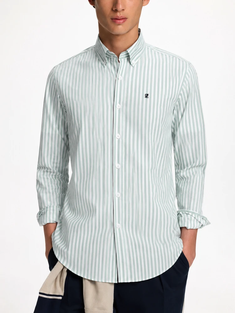 CH Letter Embroidered Stripe Long Sleeve Shirt Men Point Collar Regular Fit Minimalist Chic Soft Cotton Tops
