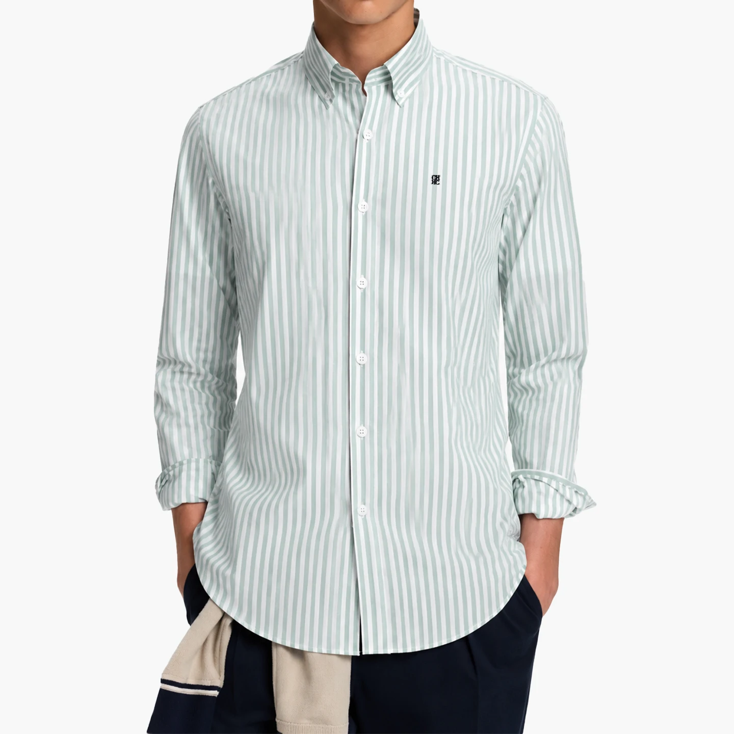 CH Letter Embroidered Stripe Long Sleeve Shirt Men Point Collar Regular Fit Minimalist Chic Soft Cotton Tops