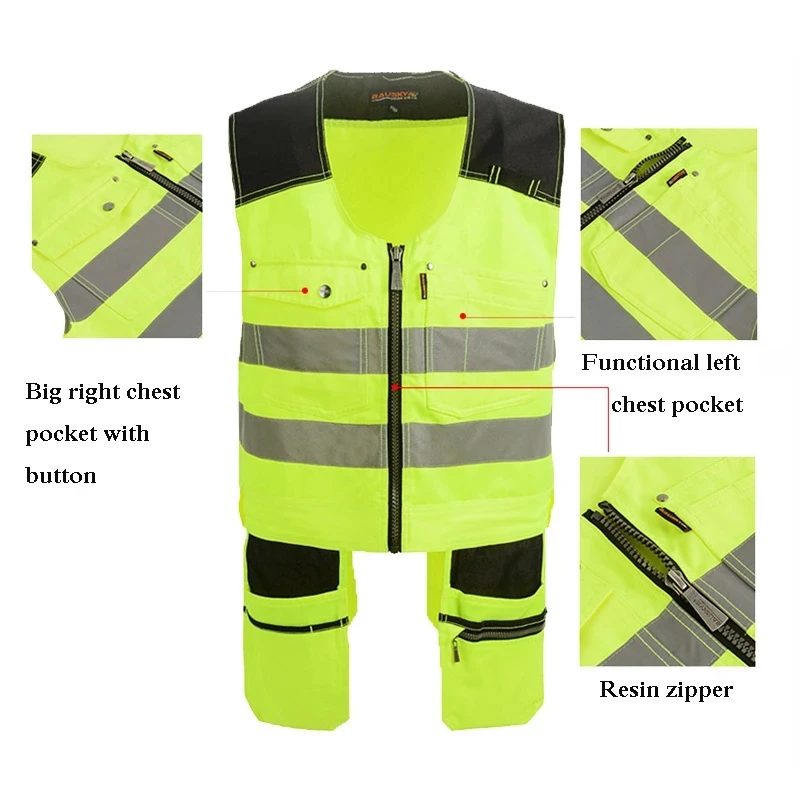 Bauskydd High Quality Men Male Female Outdoor Workwear Mens Work Vests Multifunction Tool Multi Pockets Vests Blue/Grey