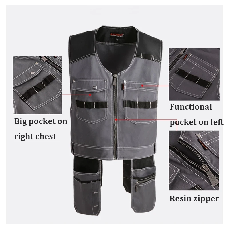 Bauskydd High Quality Men Male Female Outdoor Workwear Mens Work Vests Multifunction Tool Multi Pockets Vests Blue/Grey