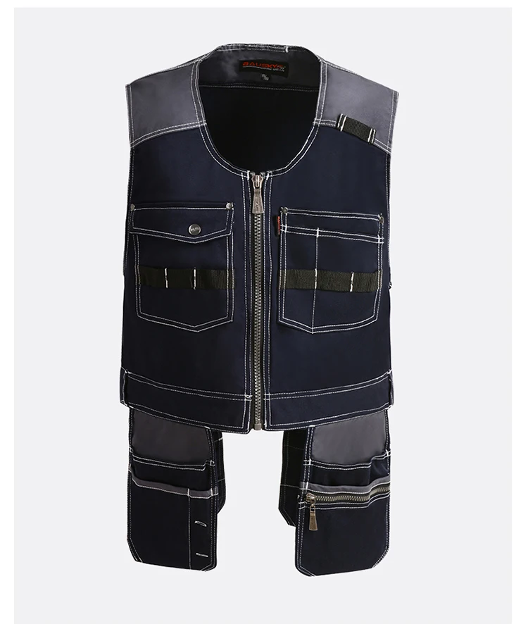 Bauskydd High Quality Men Male Female Outdoor Workwear Mens Work Vests Multifunction Tool Multi Pockets Vests Blue/Grey