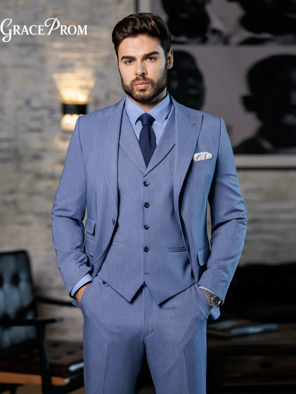 Premium Dusty Blue Men 3PCS Formal Suit Single Breasted Notched Lapel Groom Tuxedo For Wedding Graduation Business Gathering
