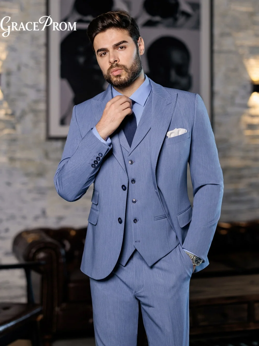 Premium Dusty Blue Men 3PCS Formal Suit Single Breasted Notched Lapel Groom Tuxedo For Wedding Graduation Business Gathering