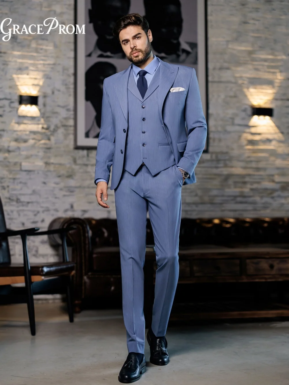 Premium Dusty Blue Men 3PCS Formal Suit Single Breasted Notched Lapel Groom Tuxedo For Wedding Graduation Business Gathering