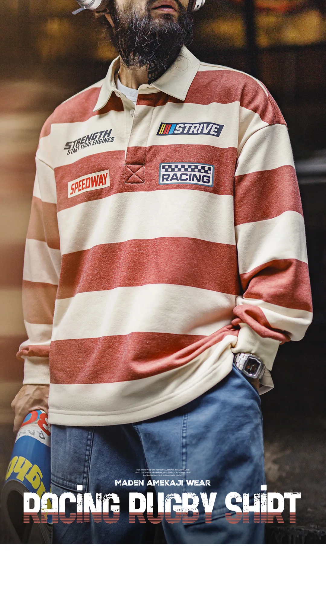 Maden Men's Rugby Shirt Striped Long Sleeve Polo Shirt Oversized Fit Knit Fabric Racing Graphic Patch Casual Workwear Top