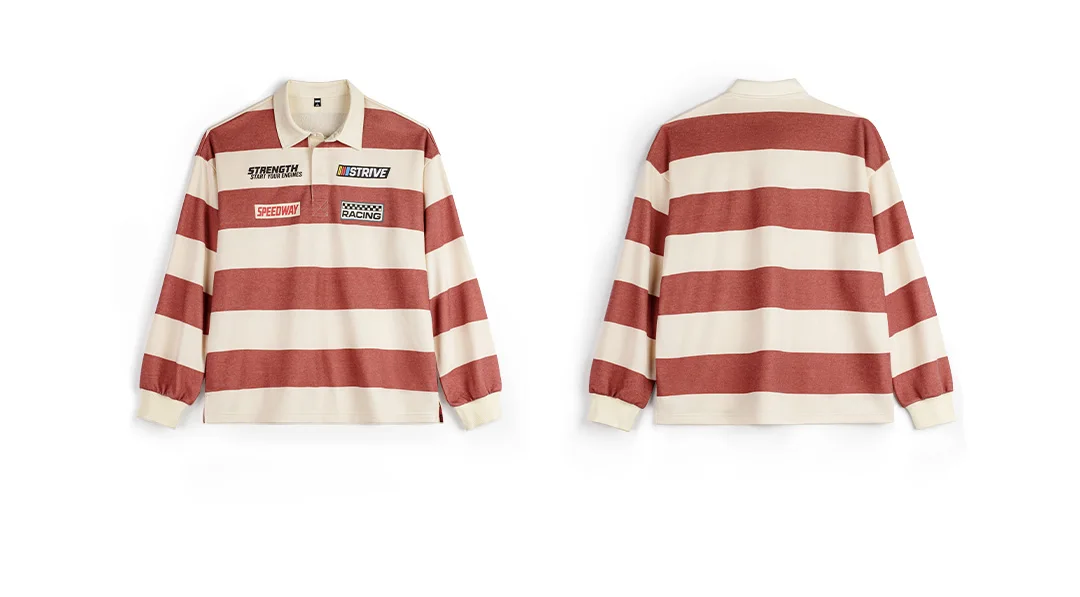 Maden Men's Rugby Shirt Striped Long Sleeve Polo Shirt Oversized Fit Knit Fabric Racing Graphic Patch Casual Workwear Top
