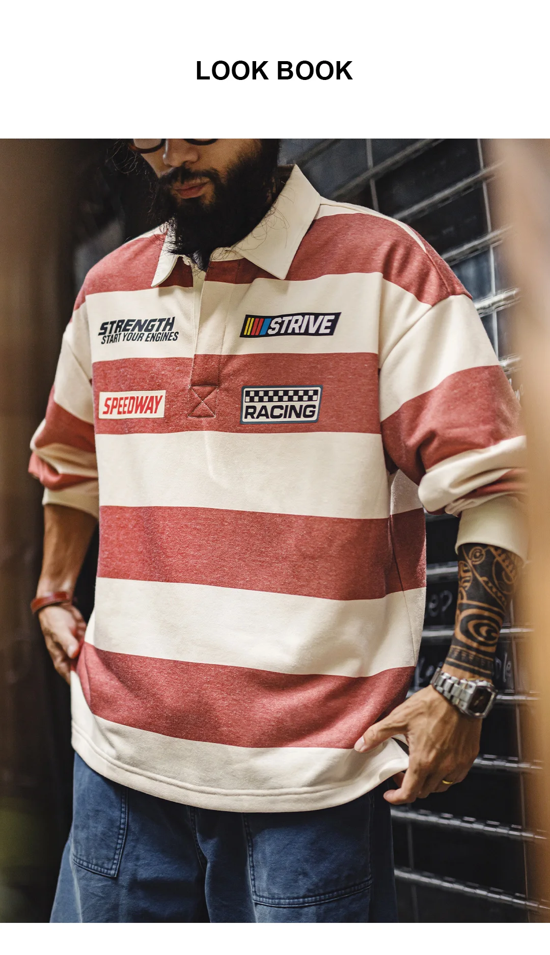 Maden Men's Rugby Shirt Striped Long Sleeve Polo Shirt Oversized Fit Knit Fabric Racing Graphic Patch Casual Workwear Top