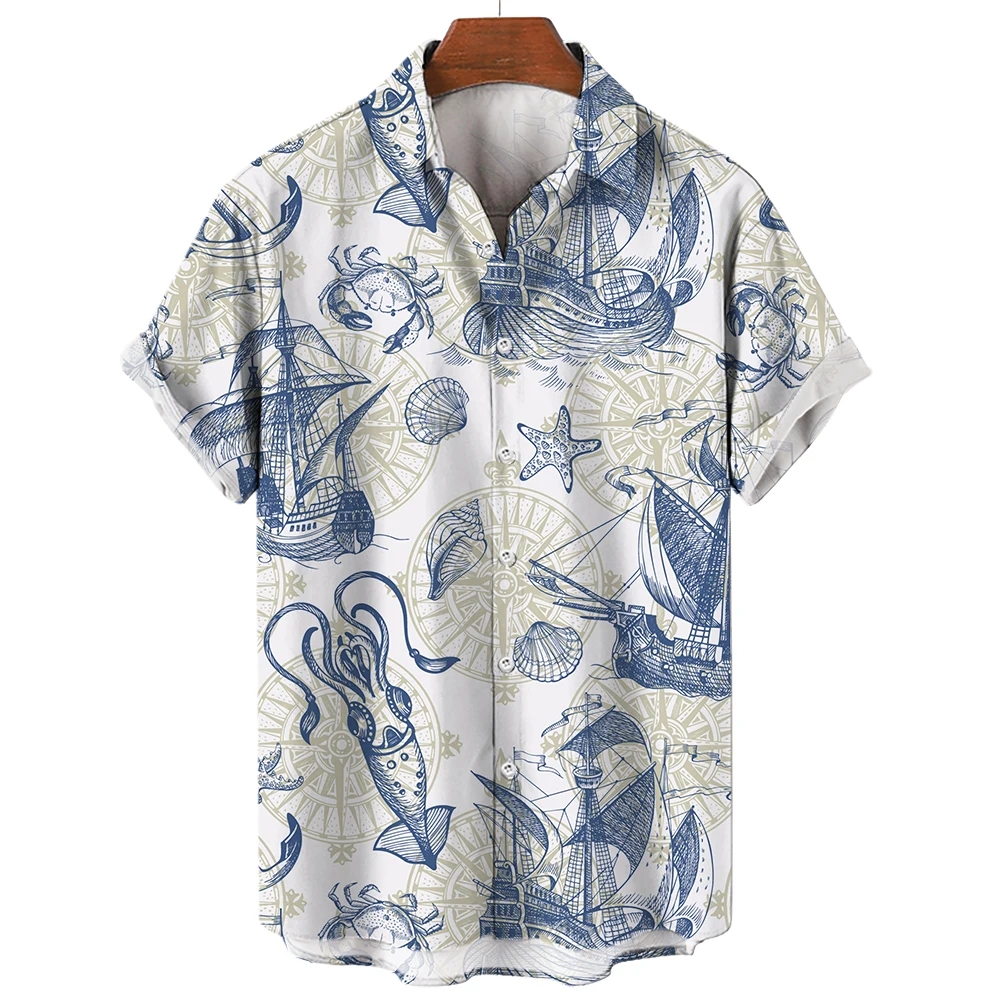 2024 Sailing World Graphic 3D Print Men's Vintage Shirt Fashion Casual Hawaiian Beach Style Summer Oversized Shirts for Men