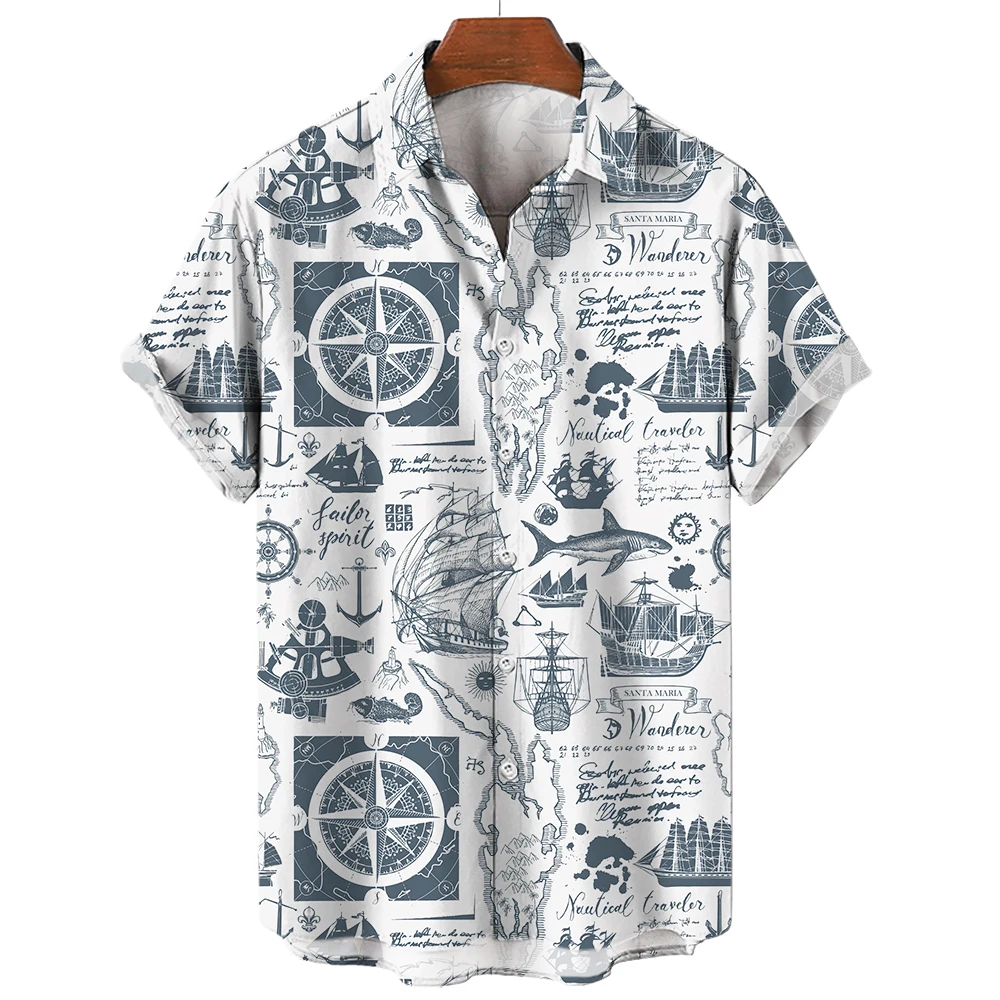 2024 Sailing World Graphic 3D Print Men's Vintage Shirt Fashion Casual Hawaiian Beach Style Summer Oversized Shirts for Men