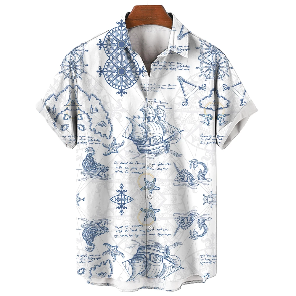 2024 Sailing World Graphic 3D Print Men's Vintage Shirt Fashion Casual Hawaiian Beach Style Summer Oversized Shirts for Men