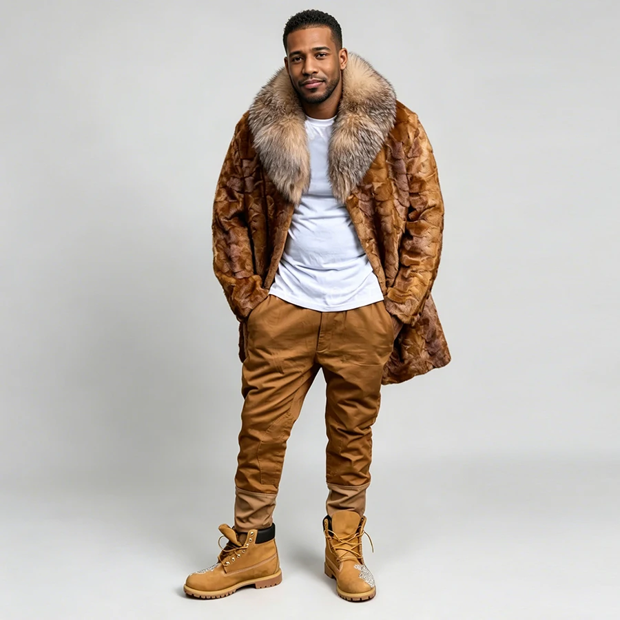 Men's Real Mink Fur Coats With Fox Fur Collar Mid-Length Fur Jacket Cropped Mink Fur Jacket Hot Selling Natural Fur Jacket