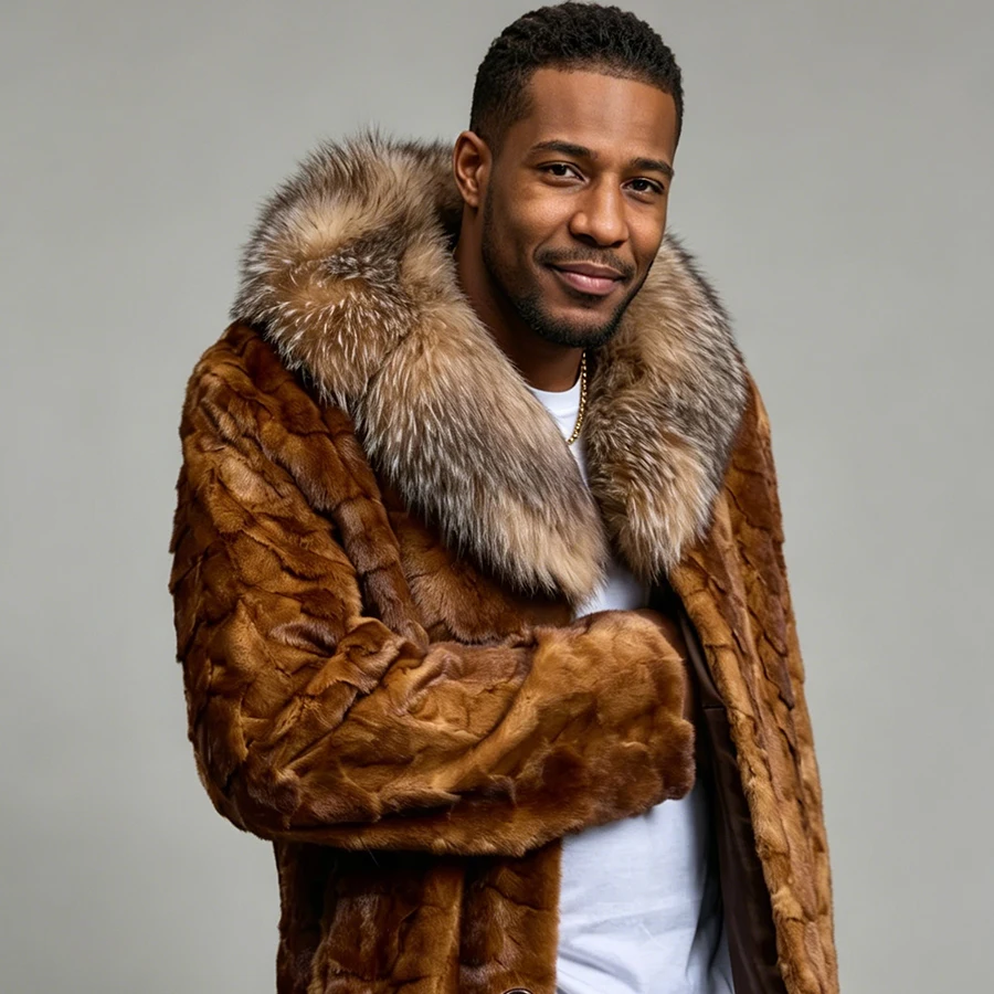 Men's Real Mink Fur Coats With Fox Fur Collar Mid-Length Fur Jacket Cropped Mink Fur Jacket Hot Selling Natural Fur Jacket