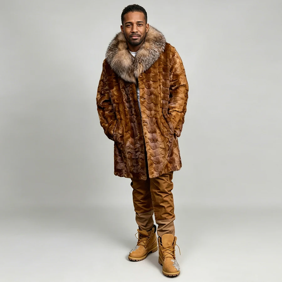 Men's Real Mink Fur Coats With Fox Fur Collar Mid-Length Fur Jacket Cropped Mink Fur Jacket Hot Selling Natural Fur Jacket