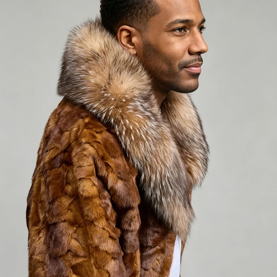 Men's Real Mink Fur Coats With Fox Fur Collar Mid-Length Fur Jacket Cropped Mink Fur Jacket Hot Selling Natural Fur Jacket