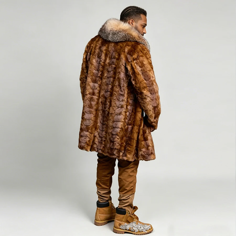 Men's Real Mink Fur Coats With Fox Fur Collar Mid-Length Fur Jacket Cropped Mink Fur Jacket Hot Selling Natural Fur Jacket