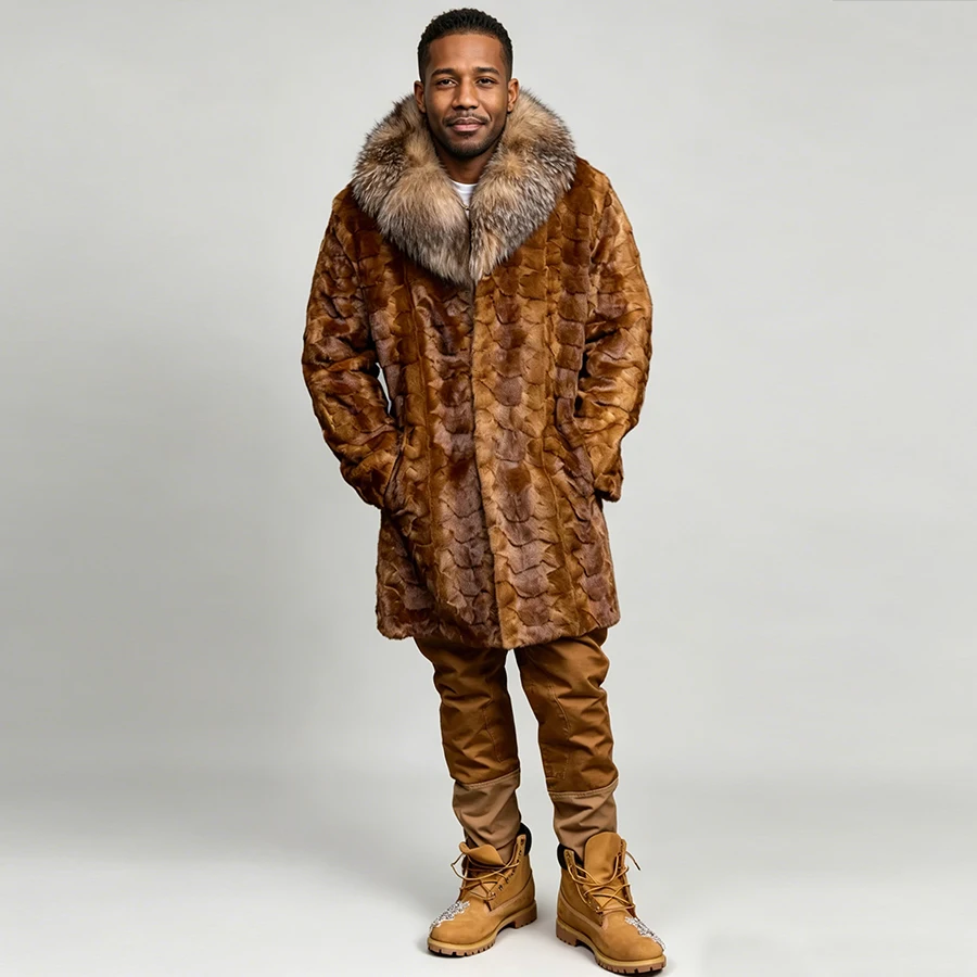 Men's Real Mink Fur Coats With Fox Fur Collar Mid-Length Fur Jacket Cropped Mink Fur Jacket Hot Selling Natural Fur Jacket