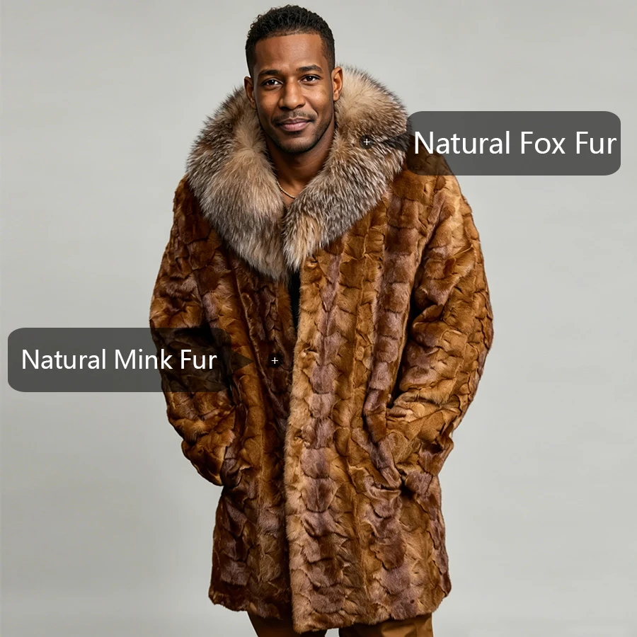 Men's Real Mink Fur Coats With Fox Fur Collar Mid-Length Fur Jacket Cropped Mink Fur Jacket Hot Selling Natural Fur Jacket