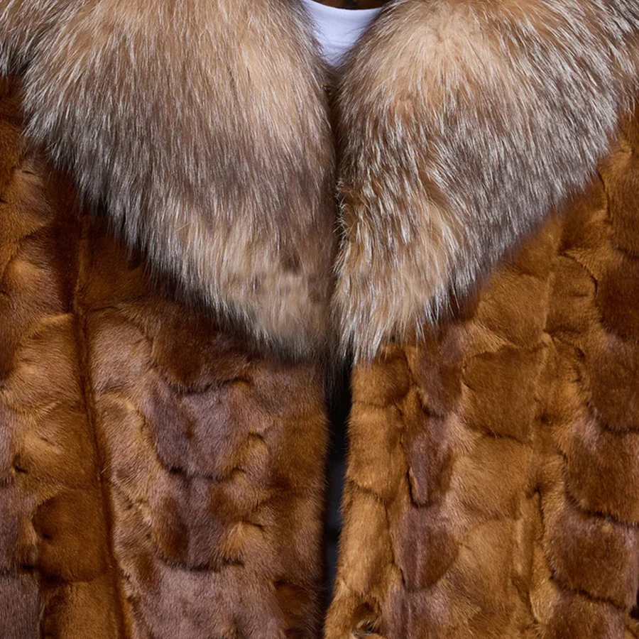Men's Real Mink Fur Coats With Fox Fur Collar Mid-Length Fur Jacket Cropped Mink Fur Jacket Hot Selling Natural Fur Jacket