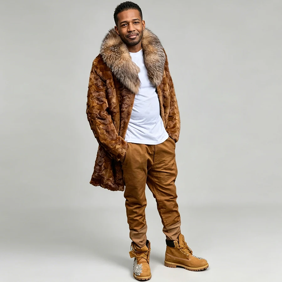 Men's Real Mink Fur Coats With Fox Fur Collar Mid-Length Fur Jacket Cropped Mink Fur Jacket Hot Selling Natural Fur Jacket