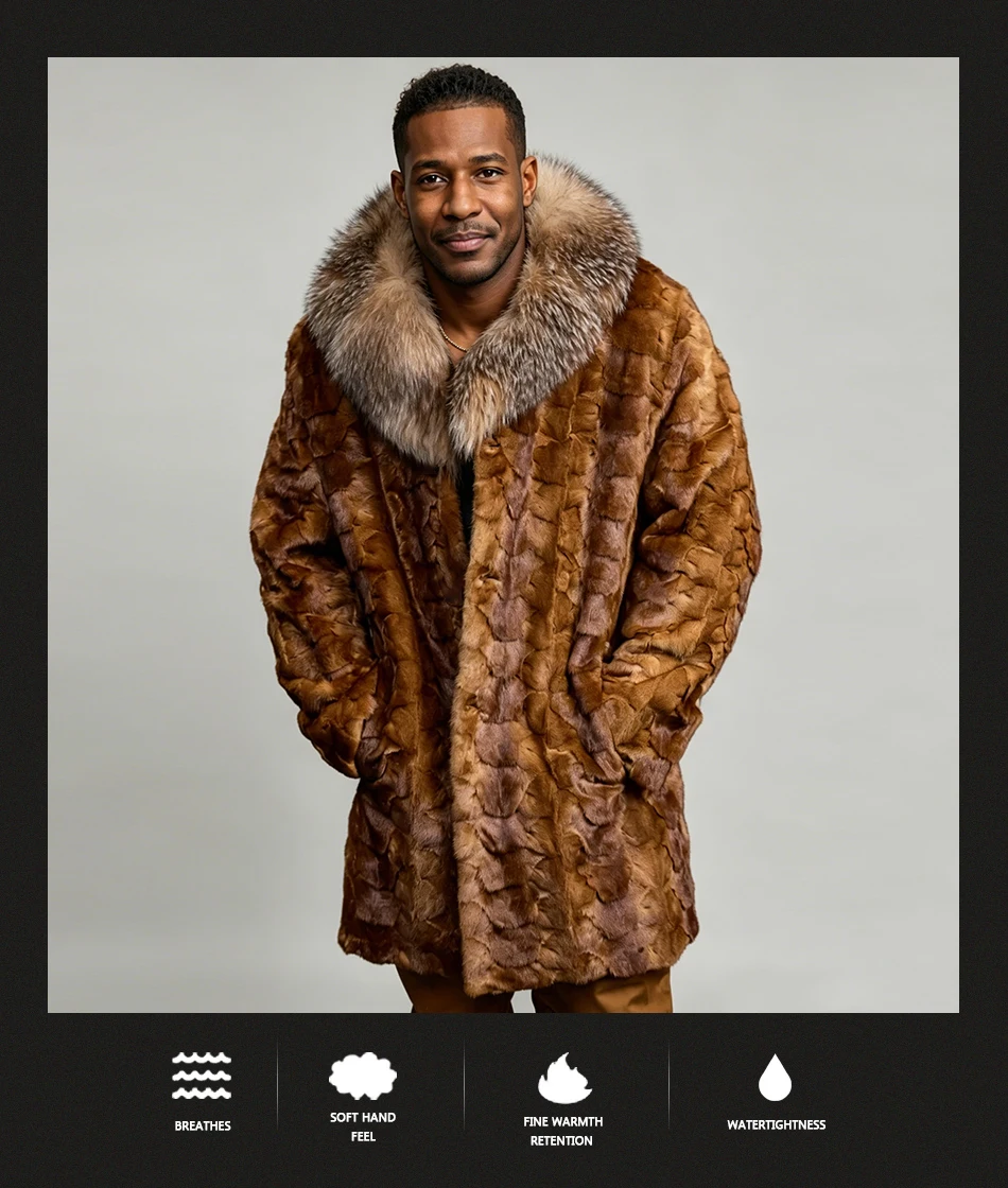 Men's Real Mink Fur Coats With Fox Fur Collar Mid-Length Fur Jacket Cropped Mink Fur Jacket Hot Selling Natural Fur Jacket