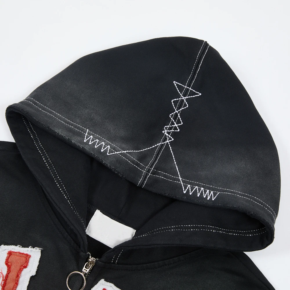 Streetwear Zip Up Hoodies with Letter Towel Embroidery Hiphop Street Style Heavy Weight Cotton Vintage Distressed Casual Hoodies