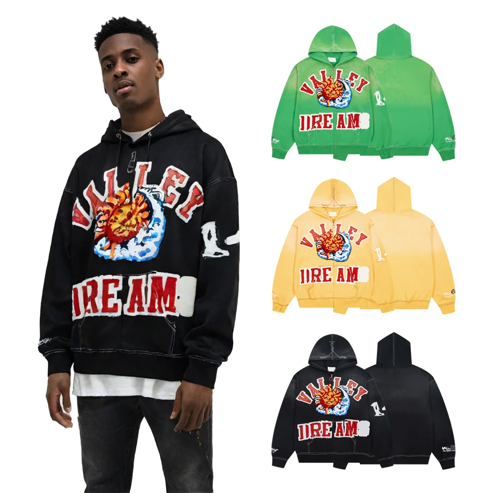 Streetwear Zip Up Hoodies with Letter Towel Embroidery Hiphop Street Style Heavy Weight Cotton Vintage Distressed Casual Hoodies