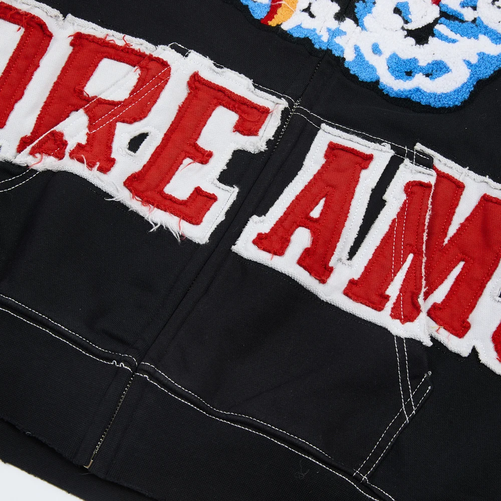Streetwear Zip Up Hoodies with Letter Towel Embroidery Hiphop Street Style Heavy Weight Cotton Vintage Distressed Casual Hoodies