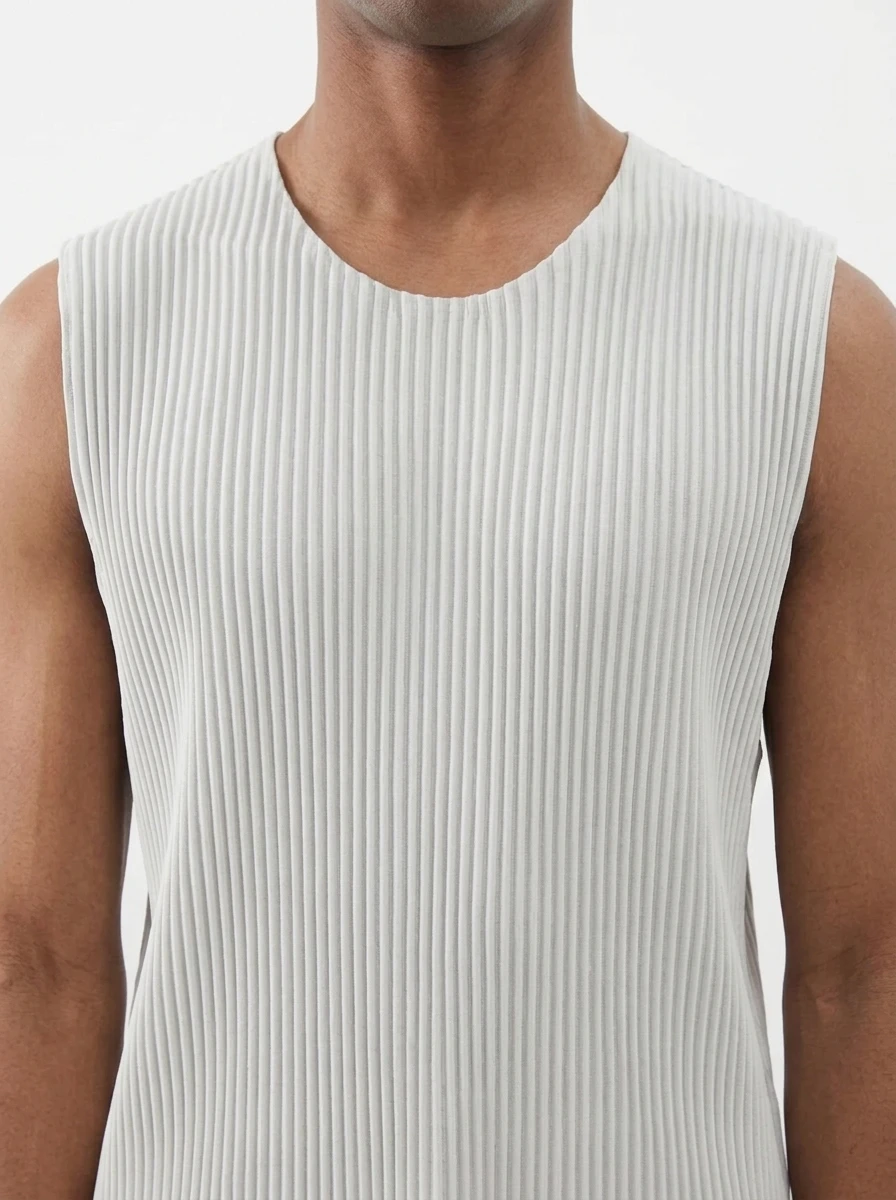 Miyake Pleated Men Sleeveless Vest Round Neck Loose Fit Casual Tank Top Japanese Minimalist Daily Wear