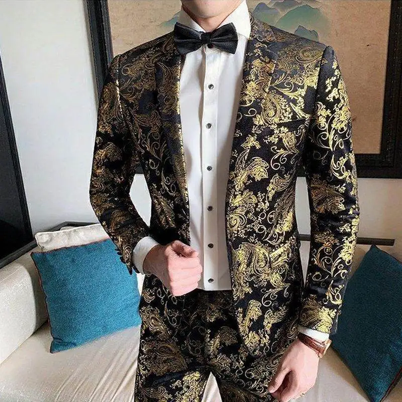 Suits Men's Gold-embroidered Fashionable Banquet Print Dance Singer Trend Host Casual Wedding Dress Male Star Performance Suit