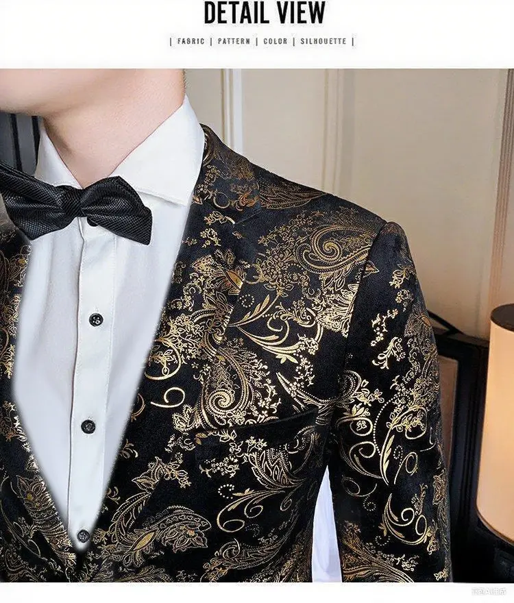 Suits Men's Gold-embroidered Fashionable Banquet Print Dance Singer Trend Host Casual Wedding Dress Male Star Performance Suit