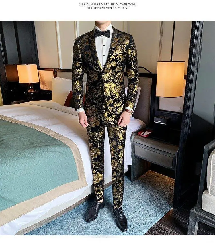 Suits Men's Gold-embroidered Fashionable Banquet Print Dance Singer Trend Host Casual Wedding Dress Male Star Performance Suit