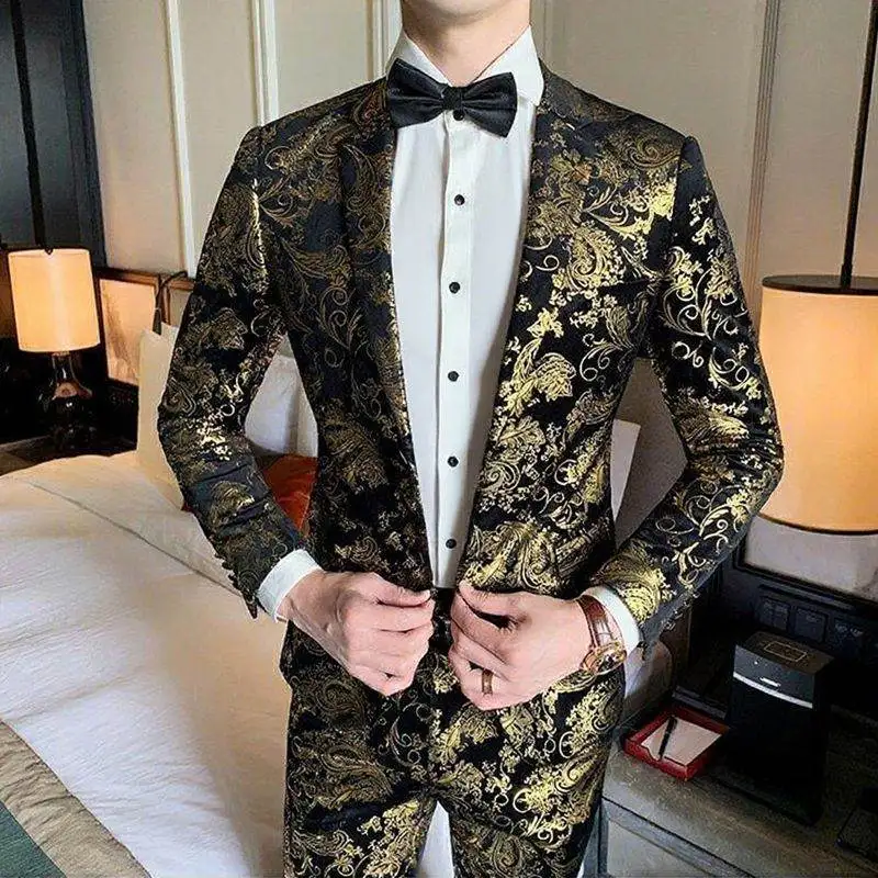 Suits Men's Gold-embroidered Fashionable Banquet Print Dance Singer Trend Host Casual Wedding Dress Male Star Performance Suit