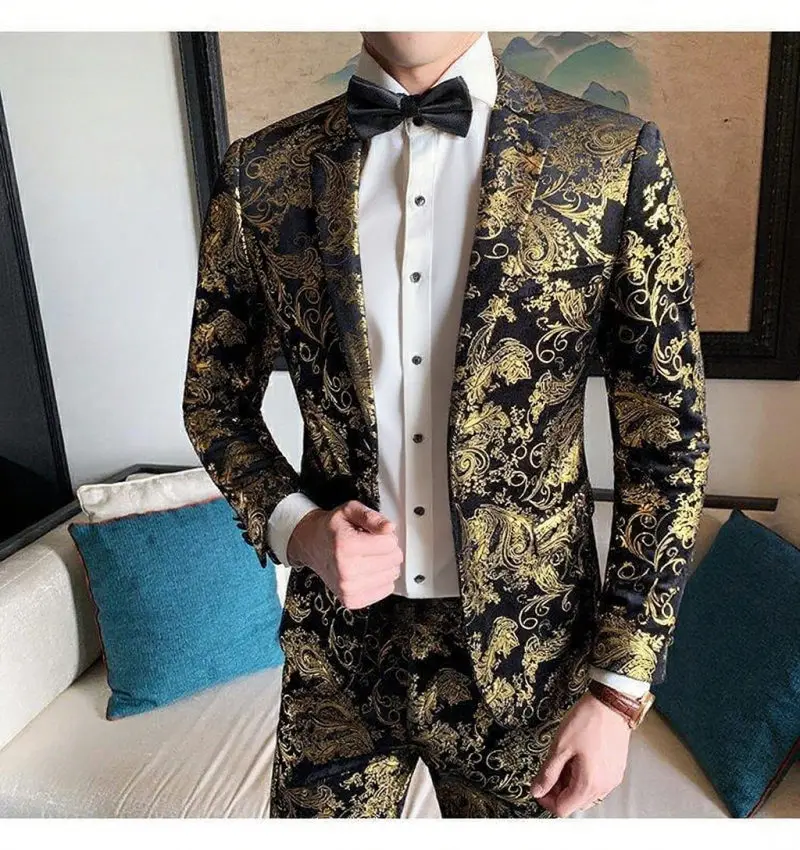 Suits Men's Gold-embroidered Fashionable Banquet Print Dance Singer Trend Host Casual Wedding Dress Male Star Performance Suit