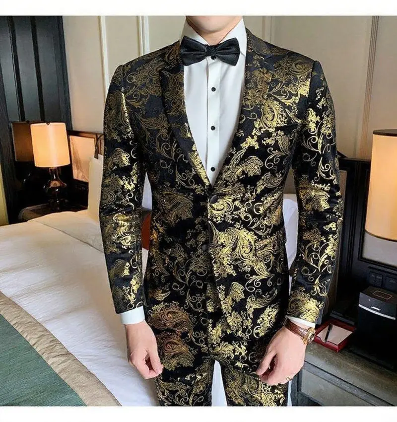 Suits Men's Gold-embroidered Fashionable Banquet Print Dance Singer Trend Host Casual Wedding Dress Male Star Performance Suit