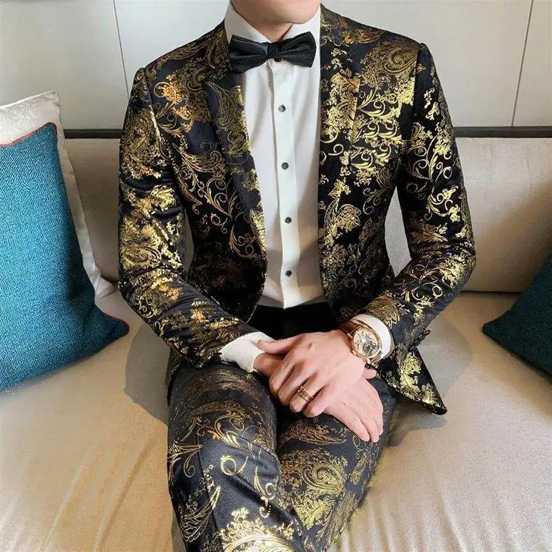 Suits Men's Gold-embroidered Fashionable Banquet Print Dance Singer Trend Host Casual Wedding Dress Male Star Performance Suit