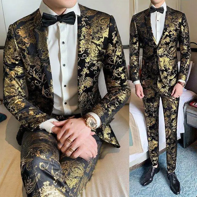 Suits Men's Gold-embroidered Fashionable Banquet Print Dance Singer Trend Host Casual Wedding Dress Male Star Performance Suit