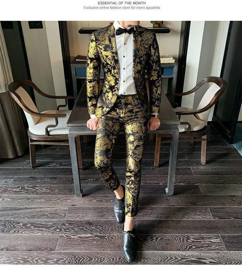 Suits Men's Gold-embroidered Fashionable Banquet Print Dance Singer Trend Host Casual Wedding Dress Male Star Performance Suit