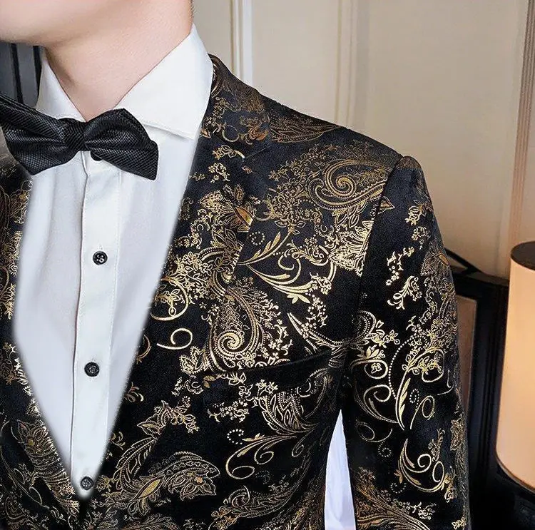 Suits Men's Gold-embroidered Fashionable Banquet Print Dance Singer Trend Host Casual Wedding Dress Male Star Performance Suit