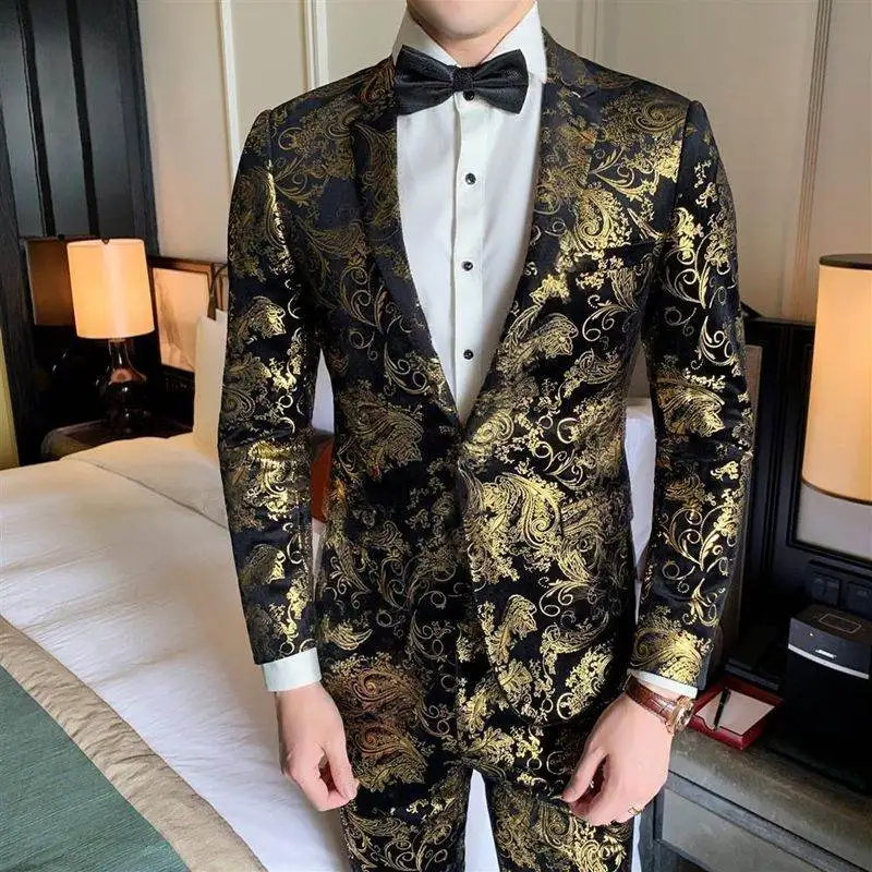 Suits Men's Gold-embroidered Fashionable Banquet Print Dance Singer Trend Host Casual Wedding Dress Male Star Performance Suit