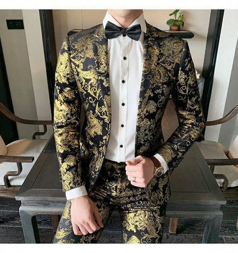 Suits Men's Gold-embroidered Fashionable Banquet Print Dance Singer Trend Host Casual Wedding Dress Male Star Performance Suit