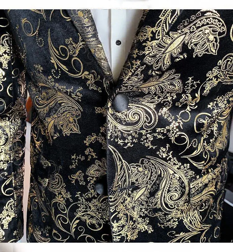 Suits Men's Gold-embroidered Fashionable Banquet Print Dance Singer Trend Host Casual Wedding Dress Male Star Performance Suit