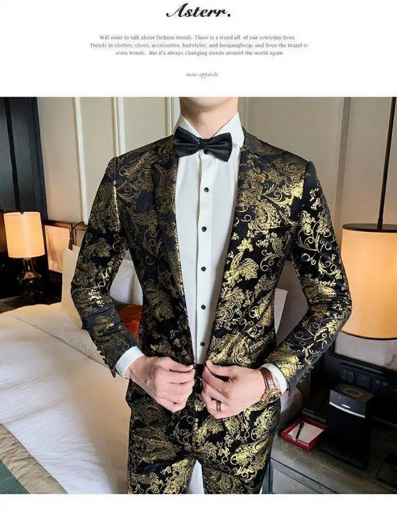 Suits Men's Gold-embroidered Fashionable Banquet Print Dance Singer Trend Host Casual Wedding Dress Male Star Performance Suit