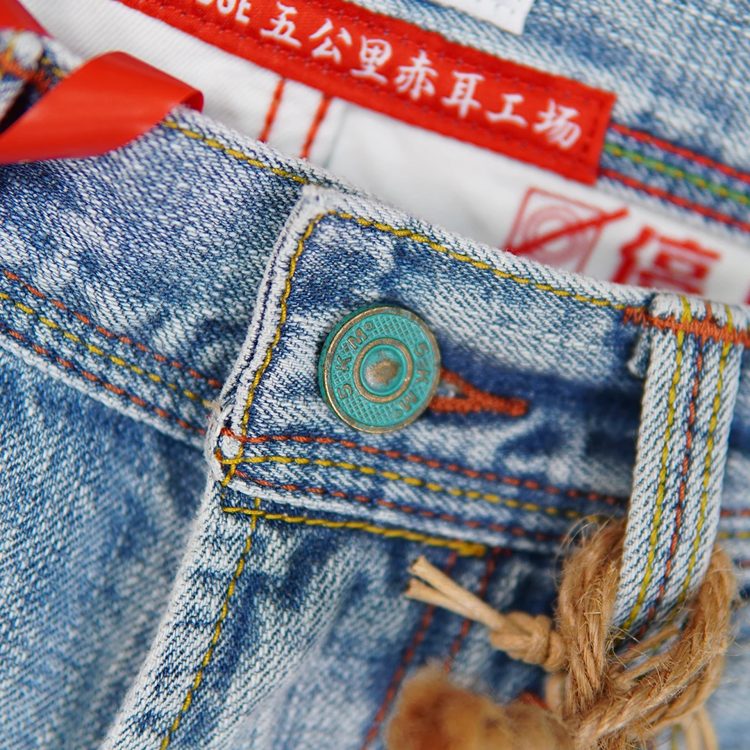 11oz 100% Cotton Red Selvedge Denim Jeans for Men Spring Summer Casual Slim Tapered Straight Leg Light Blue Washed Pants 5KM
