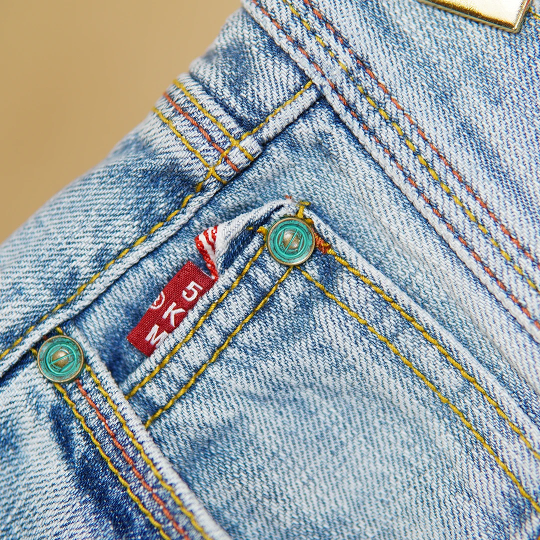 11oz 100% Cotton Red Selvedge Denim Jeans for Men Spring Summer Casual Slim Tapered Straight Leg Light Blue Washed Pants 5KM