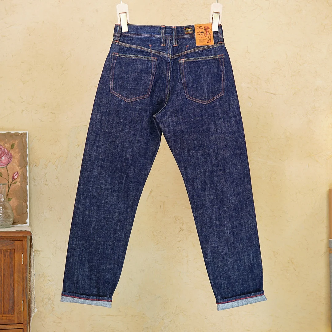 11oz 100% Cotton Red Selvedge Denim Jeans for Men Spring Summer Casual Slim Tapered Straight Leg Light Blue Washed Pants 5KM