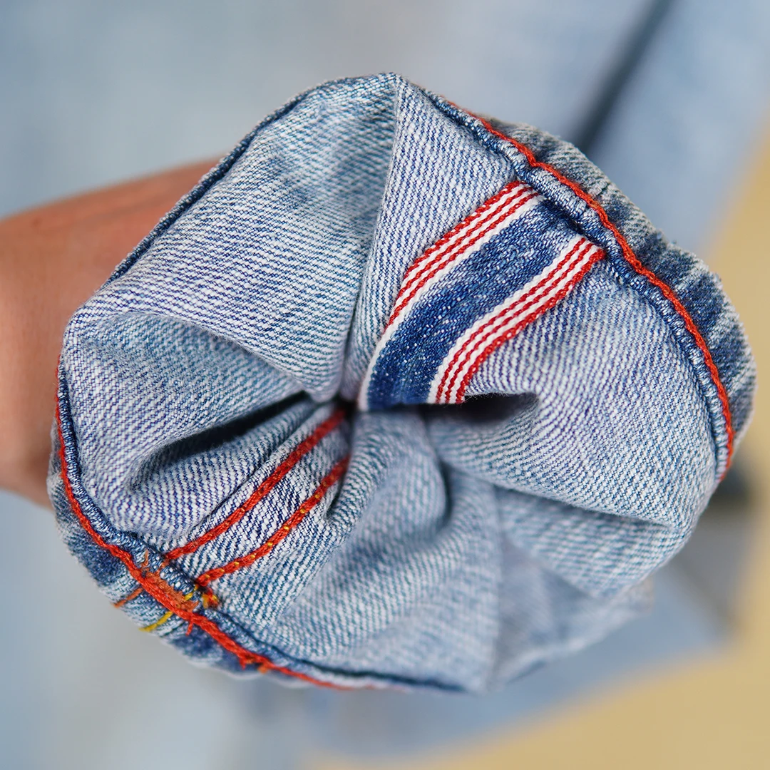 11oz 100% Cotton Red Selvedge Denim Jeans for Men Spring Summer Casual Slim Tapered Straight Leg Light Blue Washed Pants 5KM