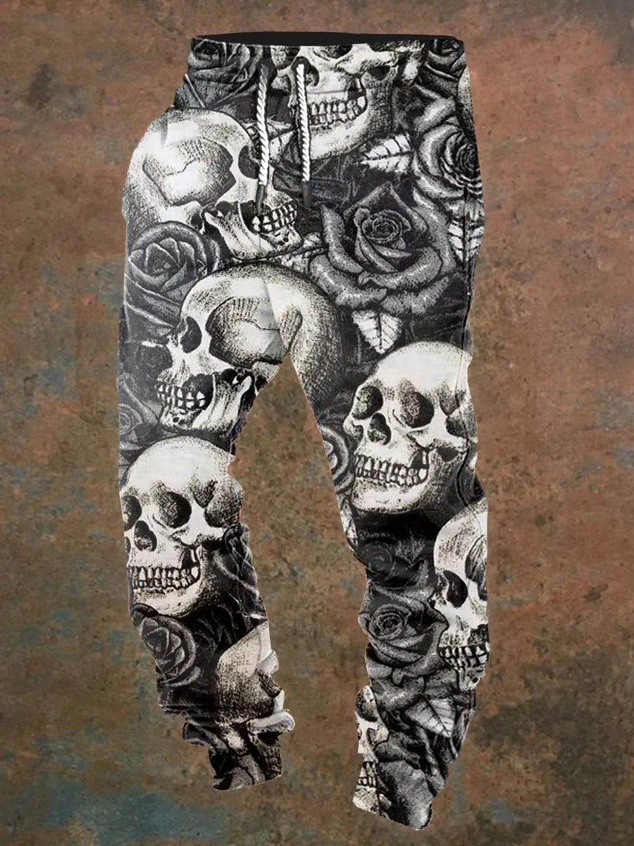 Men's casual jogging pants with drawstrings and Halloween skull prints, suitable for outdoor wear, autumn and winter fashion