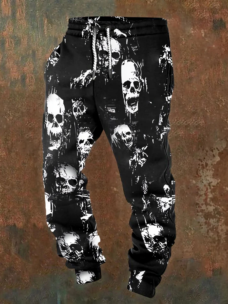 Men's casual jogging pants with drawstrings and Halloween skull prints, suitable for outdoor wear, autumn and winter fashion